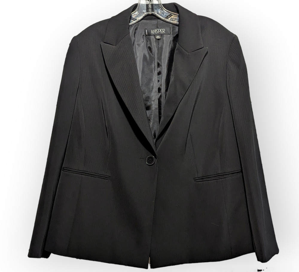 Kasper Woman One Button Black Thin Pinstripe Professional Blazer Suit Jacket 14W